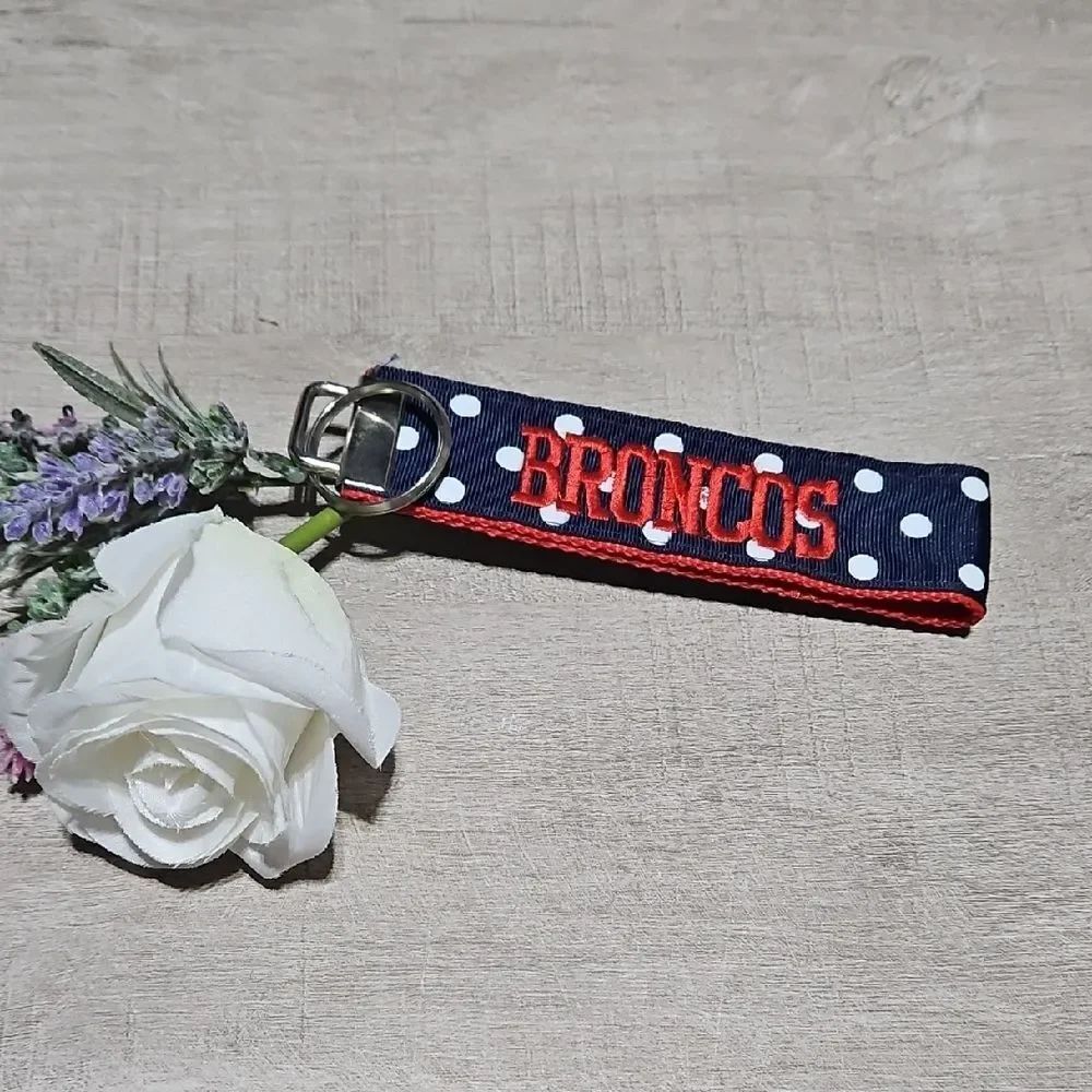 Broncos 🎁 Blue, White Polka Dot & Red Embroidered Strap Keychain Bag Charm